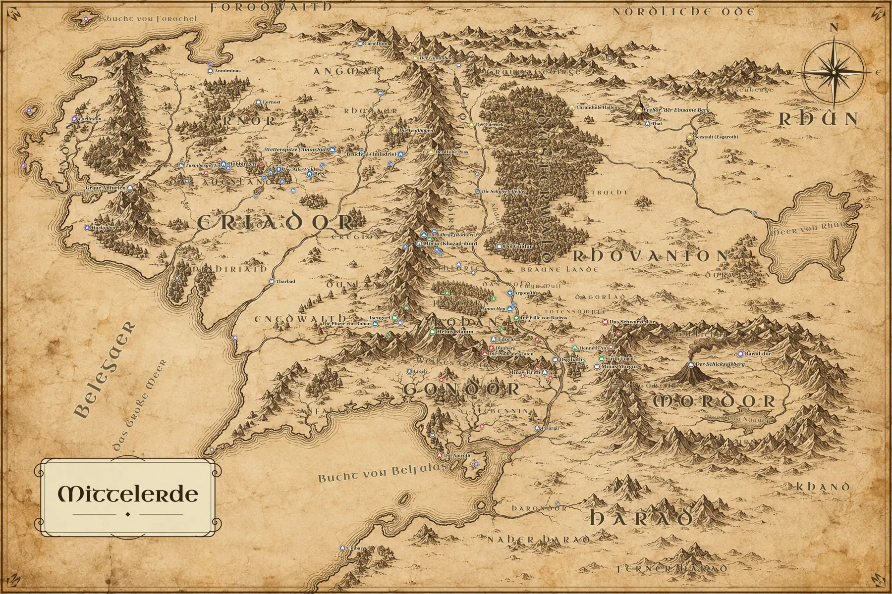 Gemalte Karte von Mittelerde mit dem Auenland, Bruchtal, Rohan, Gondor und Mordor