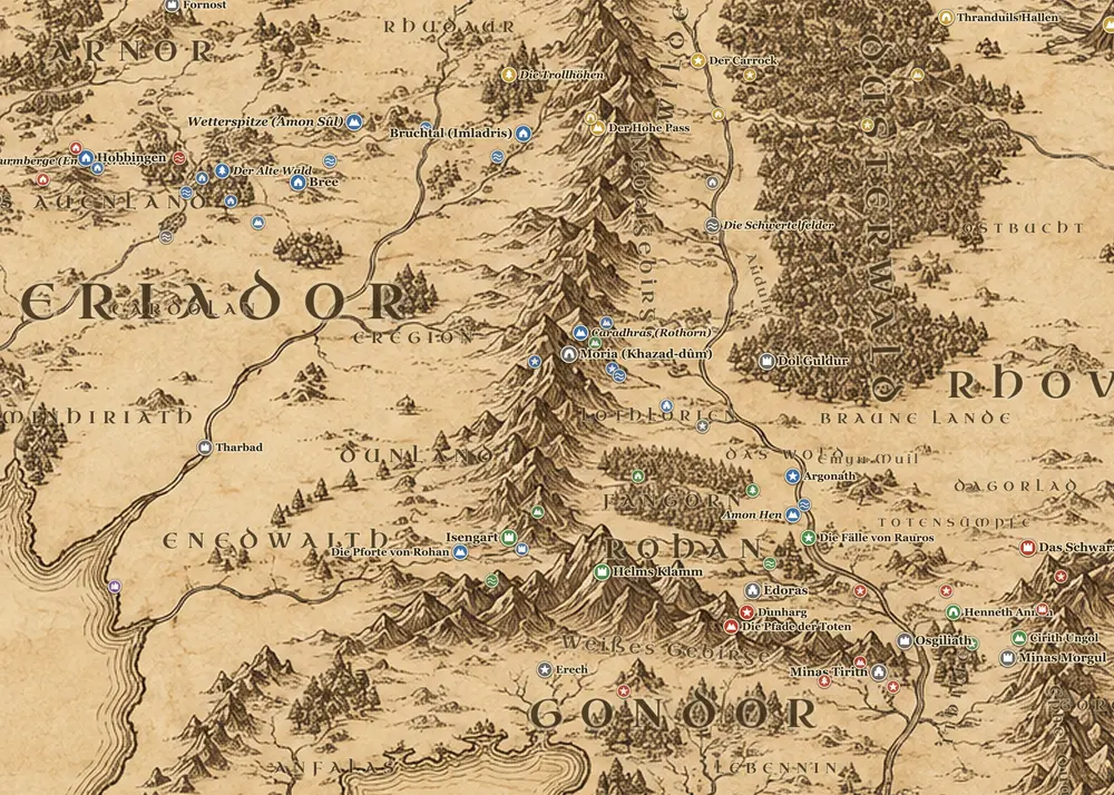 Gandalfs Wege auf der Karte von Mittelerde