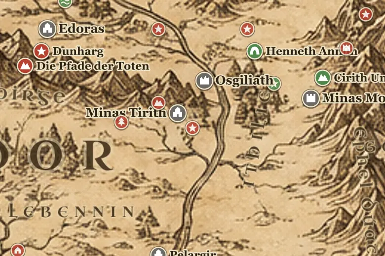 Die Pelennor-Felder auf der Karte von Mittelerde