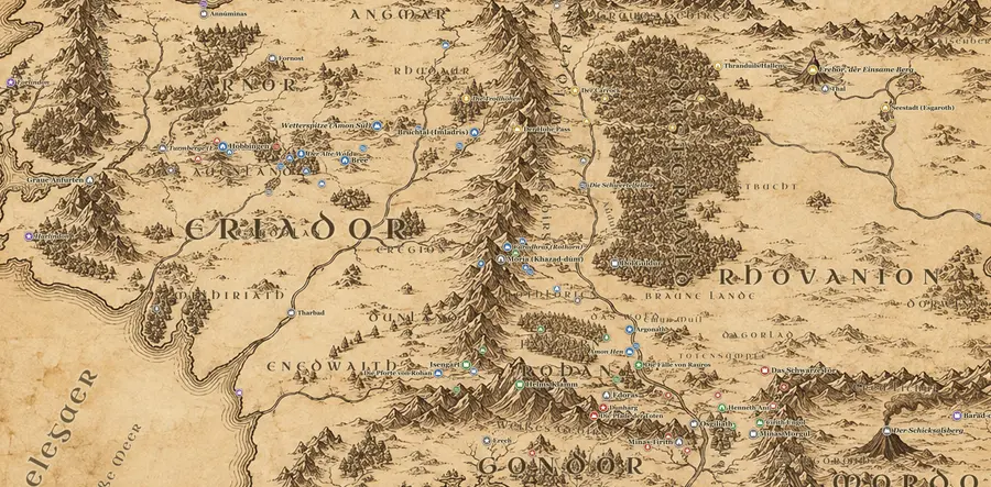 Gemalte Karte von Mittelerde mit dem Auenland, Bruchtal, Rohan, Gondor und Mordor