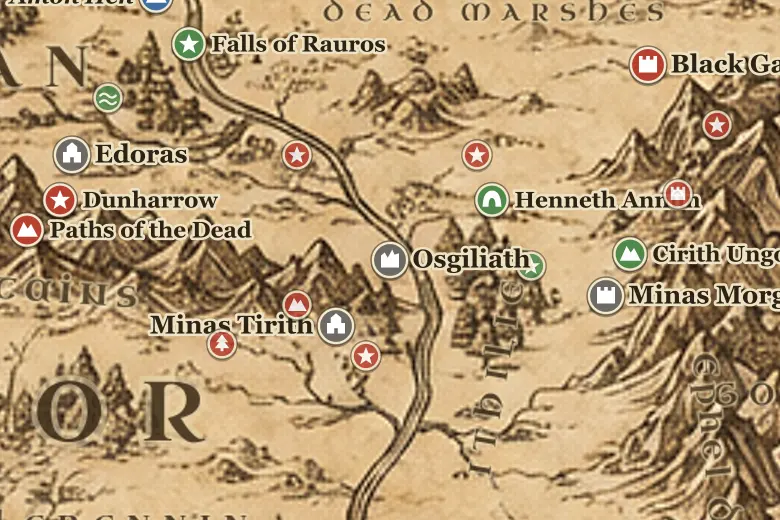 Osgiliath on the map of Middle-earth