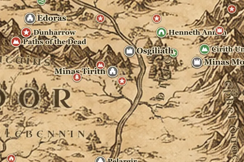 Pelennor Fields on the map of Middle-earth