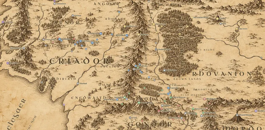 Painted map of Middle-earth showing the Shire, Rivendell, Rohan, Gondor and Mordor