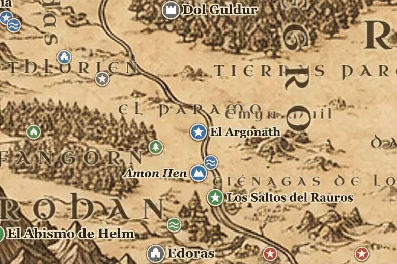 El Argonath en el mapa de la Tierra Media