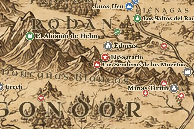 Los Senderos de los Muertos en el mapa de la Tierra Media