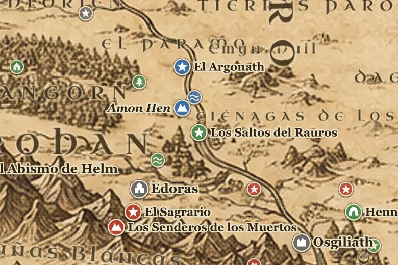 Los Saltos del Rauros en el mapa de la Tierra Media