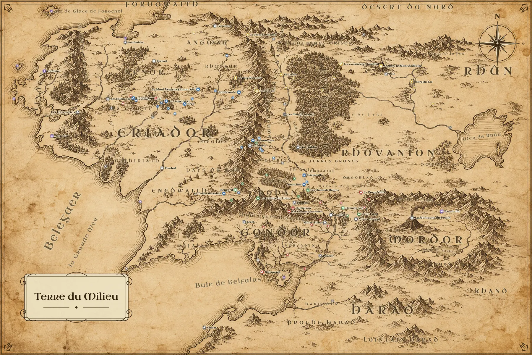 Carte peinte de la Terre du Milieu avec la Comté, Fondcombe, le Rohan, le Gondor et le Mordor