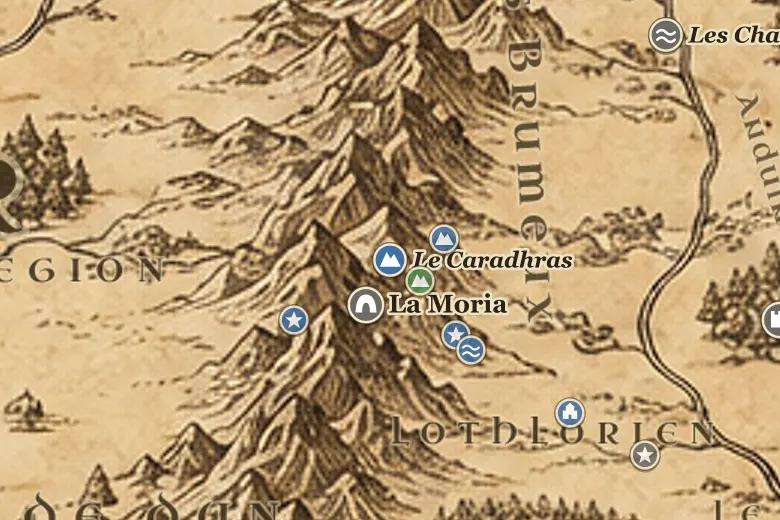 Le Caradhras sur la carte de la Terre du Milieu
