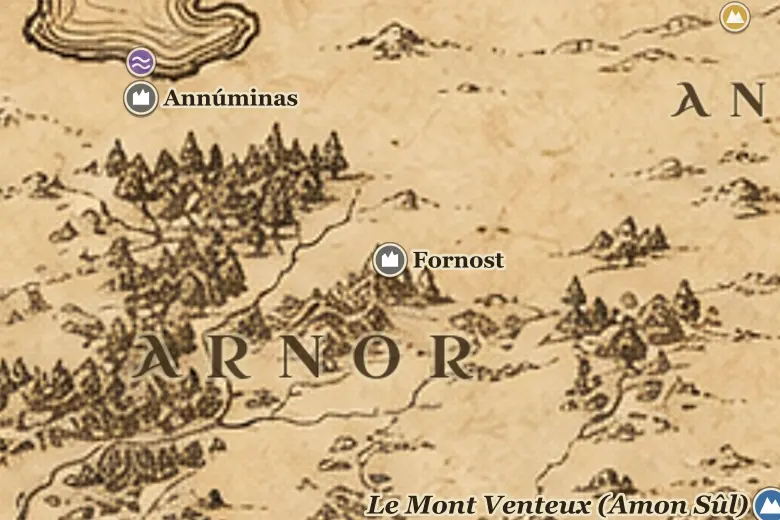 Fornost sur la carte de la Terre du Milieu