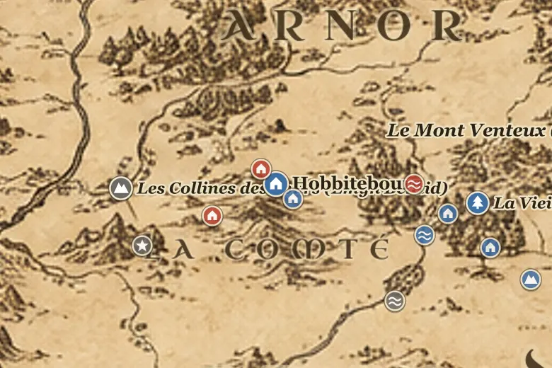Hobbitebourg sur la carte de la Terre du Milieu