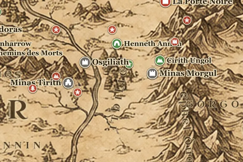 L'Ithilien sur la carte de la Terre du Milieu