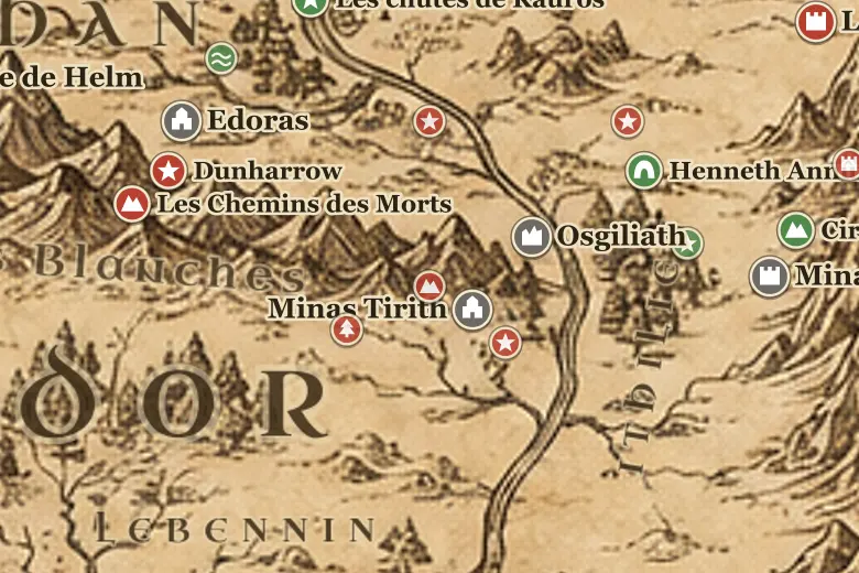 Le mont Mindolluin sur la carte de la Terre du Milieu