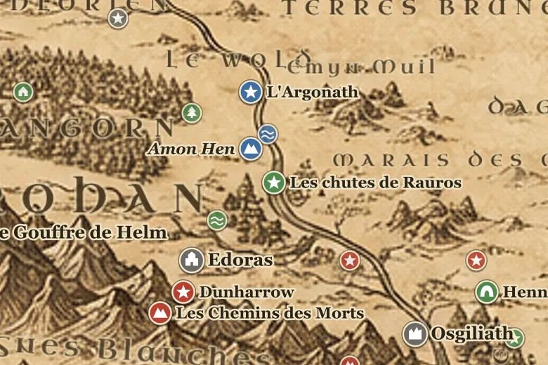 Les chutes de Rauros sur la carte de la Terre du Milieu