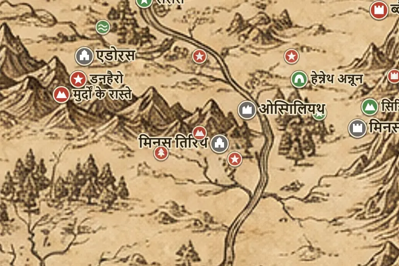 मिडिल-अर्थ के नक्शे पर माउंट मिंडोल्लुइन