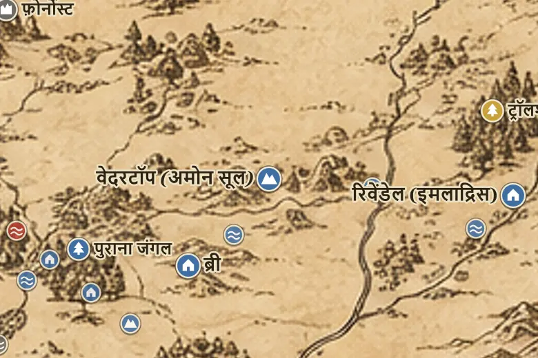 मिडिल-अर्थ के नक्शे पर वेदरटॉप (अमोन सूल)