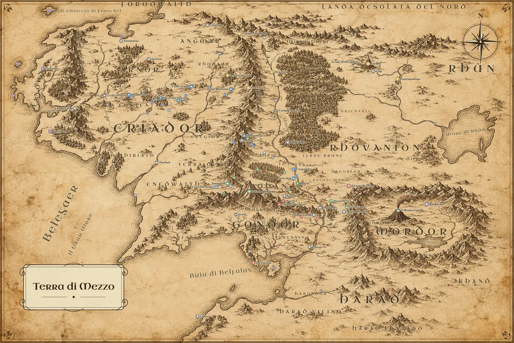 Mappa dipinta della Terra di Mezzo con la Contea, Gran Burrone, Rohan, Gondor e Mordor