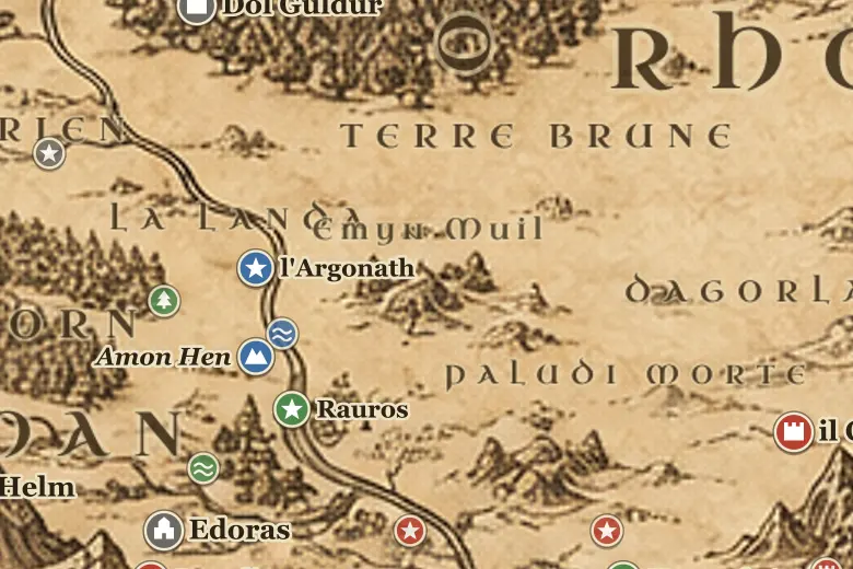 gli Emyn Muil sulla mappa della Terra di Mezzo