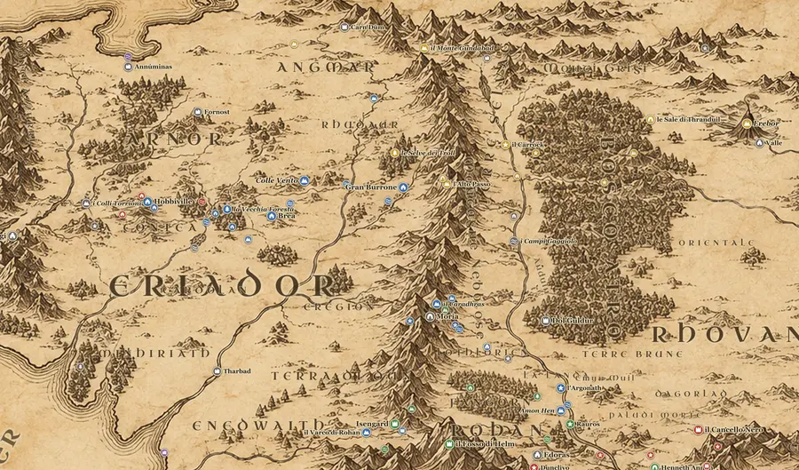le Montagne Nebbiose sulla mappa della Terra di Mezzo