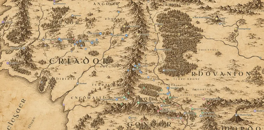 Mappa dipinta della Terra di Mezzo con la Contea, Gran Burrone, Rohan, Gondor e Mordor