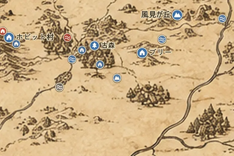 中つ国の地図上の塚山丘陵