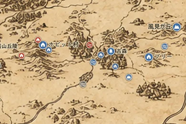 中つ国の地図上のバックル村の渡し