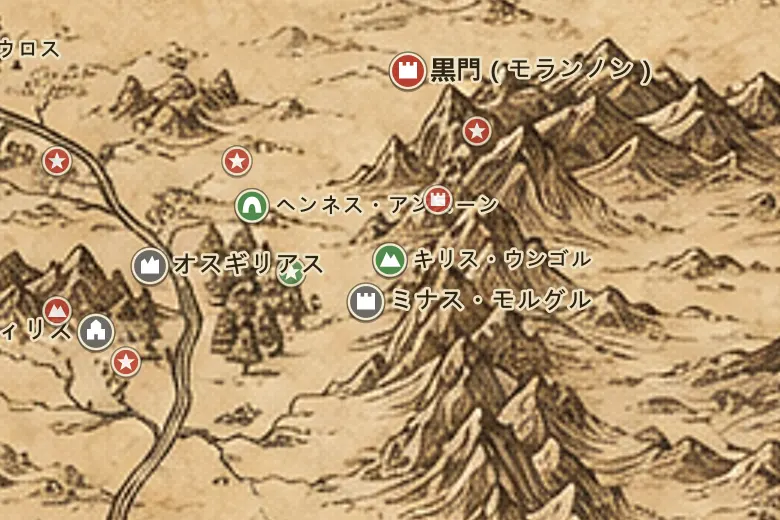 中つ国の地図上のキリス・ウンゴル