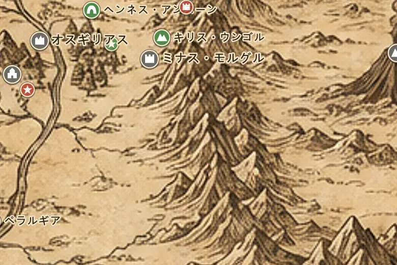 中つ国の地図上のエフェル・ドゥーアス（影の山脈）