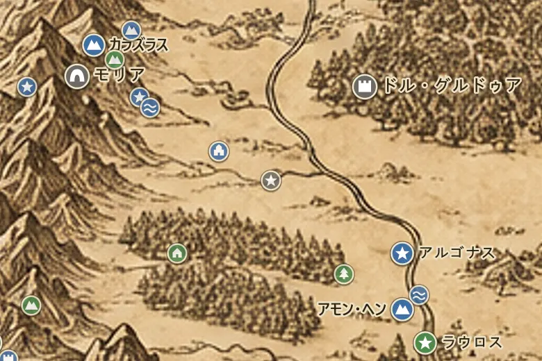 中つ国の地図上のケレブラントの野