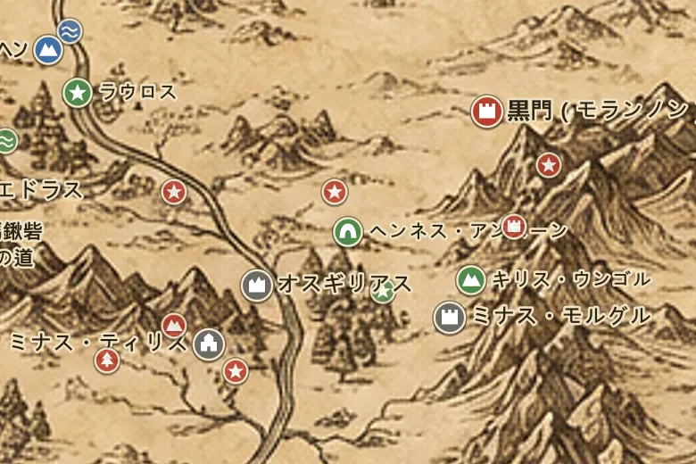 中つ国の地図上のヘンネス・アンヌーン