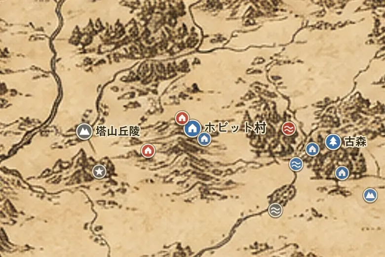 中つ国の地図上のホビット村