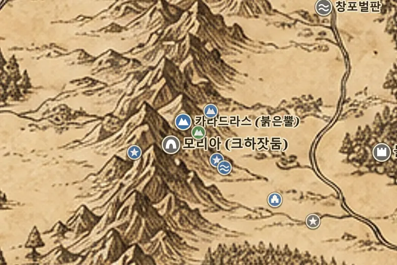 중간계 지도 속 켈레브딜 (은빛봉우리)
