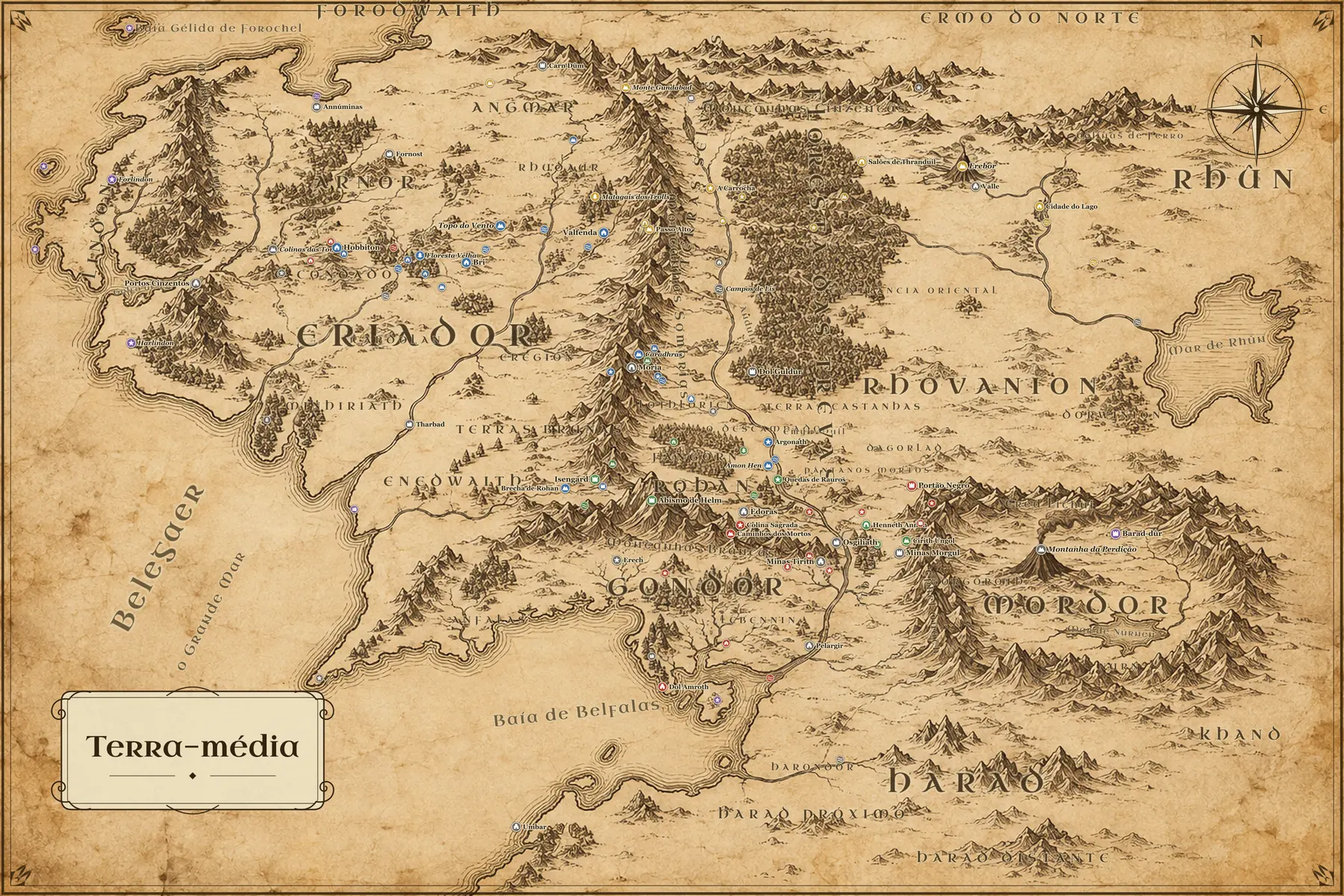 Mapa pintado da Terra-média com o Condado, Valfenda, Rohan, Gondor e Mordor