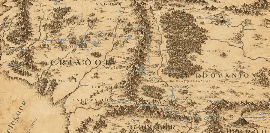 Mapa pintado da Terra-média com o Condado, Valfenda, Rohan, Gondor e Mordor